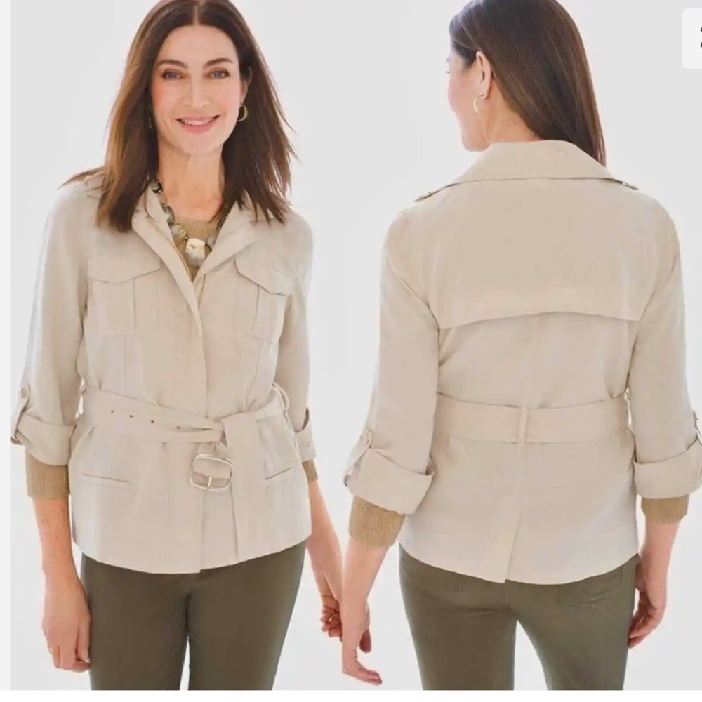 Chico's beige tencel utility safari roll tab sleeve belted jacket